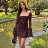 Daiiibabyyy High Quality Luxury Women's 2024 New Sexy Square Neck Low Cut Flare Sleeves Slim Fit Wrap Hip Skirt Cake Skirt Vintage Dress Y2k