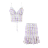 Daiiibabyyy  V-neck Lace-Up Back Camisole With Low-Waist Pleated Plaid Skirt For Women Plaid Top Ruffled Mini Skirt Lace Trim Outfit 046N