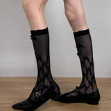 Daiiibabyyy  Japanese Sweet Lace Mesh Stockings for Women Summer Breathable Hollow Out Bowknot Elastic Long Tube Socks Girls Knee High Socks
