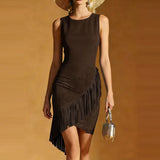 Daiiibabyyy  Casual Women's O-neck Holiday Dresses Vintage Tassel Patchwork A-line Dress Summer Sleeveless Hollow Out Commuting Dress