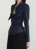 DAIIIBABYYY  -  Y2k Aesthetic Women Sexy Cropped Blouse 2025 Solid Single Breasted Slim Fit Grunge Shirt Harajuku Pleated Bow Streetwear Blouses