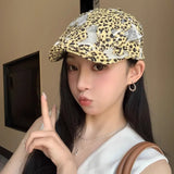 DAIIIBABYYY  -  American Personalized Leopard Print Lace Splicing Hole Forward Hat Women's Trend Y2k Breathable Short Brim Sunshade Painter Cap