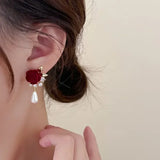 Daiiibabyyy  Wine Red Imitation Velvet Rose Pearl Earrings for Women Vintage Red Rose Elegant High-end Studs Earrings Jewelry Accessories