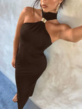 Daiiibabyyy  Women's Black One-Shoulder Choker Neck Bodycon Maxi Dress with Metal Accent