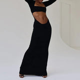 Daiiibabyyy  Cool and Spicy - style Black Long - sleeve Crop Top & Mermaid Skirt Set for Women | Square Neck & Slim - fit Design