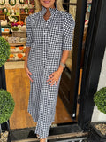 Daiiibabyyy  Casual Half Sleeved Button Up Shirt Long Dress Fashion Commuting Loose Party Dress Ladies Elegant Plaid Print Stand Collar Dress