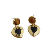 Daiiibabyyy  French Natural Stone Tiger Eyes Metal Heart Hanging Dangle Earrings for Women Gold Plated Alloy Statement Party Jewelry