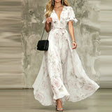 Daiiibabyyy  Sexy V-neck Lace-Up Waist Sweet Long Dress Elegant Flower Print Bohe Party Dress Women Casual Lotus Leaf Sleeve Holiday Dresses