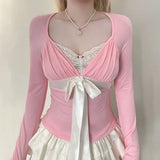 Daiiibabyyy  Fashion Sexy Sweet Bow Tie with Pink Long Sleeved T-shirt Slim Fit Slimming Spicy Girl Base Top
