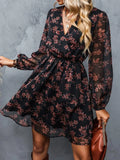 Daiiibabyyy Women's Floral Print Chiffon A-Line Mini Dress Long Peasant Sleeves Hot Selling Dress V-neck Elegant Printed Floral Perspective