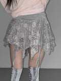 DAIIIBABYYY  -  Y2k Aesthetic Lace Flower Patchwork Mini Skirts Women High Waist Irregular Skirt Summer Streetwear Grunge Fairy Bandage Faldas