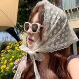 DAIIIBABYYY  -  Korean Lace Floral Hair Scarf female flower white sweet Triangle Scarf Summer Thin Breathable Travel Photo Headband head Scarf