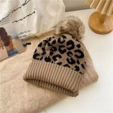 Daiiibabyyy  Trendy Thickened Leopard Print Hat Cozy Curled Edge Wool Ball Hat Warmth Knitted Hat Autumn Winter Outdoor Wear