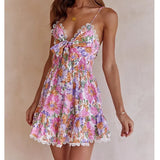DAIIIBABYYY  -  Floral Printed Strappy Mini Dress Bow Tie Pink Ruffles Sexy Summer Sundress Chic Backless Party Dresses Ladies Vestido