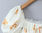 Daiiibabyyy  Retro White Flower Bow Ruched Chest Lace Slash Collar Satin Mini Dress Women Short Puff Sleeve Low Waist Swing Dresses Robe