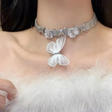 Daiiibabyyy Vintage Necklace Classic Short Exaggerated Leather Rope Silver Color Flowers and Butterfly Pendant Choker Goth Jewelry for Women