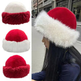 Daiiibabyyy  Christmas Red Fluffy Fur Bucket Hats women Thick Plush Winter Hat Imitation Mink Fur Christmas Hat Windproof Warm Panama Caps