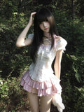 Daiiibabyyy  Summer Japanese Kawaii Lolita Sweet 2 Piece Sets Women Pink Y2k Cute Tops + Mini Skirt Korean Style Princess Sweet Chic Outfits