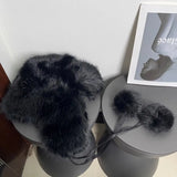 Daiiibabyyy  Plush Pom Pom Laced Up Bomber Hats Women Winter Warm Imitation Mink Ear Pilot Hat Cute Tail Hanging Ball Tether Snow Ski Beanies