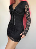 DAIIIBABYYY  -  Sexy Slim Lace Bodycon Dress Casual Bow V-Ncek Long Sleeve Mini Dresses For Women 2025 Spring Autumn Streetwear Lady