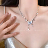 Daiiibabyyy  Elegant Pearl Necklace Zircon Water Drop Pendant Short  Chain Butterfly Choker Fashion Jewelry Accessory for Women Girls Gifts