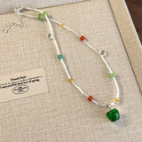 Daiiibabyyy  Creative Candy Color Glass Beads Opal Green Apple Beaded Necklace for Women Female Silver Plating Chain Strand Chokers