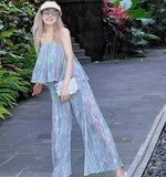 DAIIIBABYYY  -  New Lady Dream Mermaid Sweet Colour Floral Sling Vest Pleated Trousers Office Lady Comfortable Loose Refreshing Two Piece Set