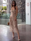 Daiiibabyyy  Women's Solid Color Elegant Casual Style Versatile Heavy Embellished Semi-Transparent Dress Fashion Women Dresses New BQZ7