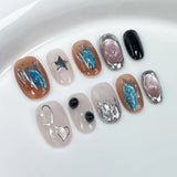 Daiiibabyyy 10PCS Blue Press on Nails Short Round Fake Nails with Glue Y2k Sweet Cool Cute False Nails with Designs Y2k Metal Handmade Nails