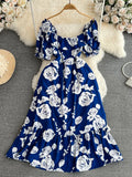 DAIIIBABYYY  -  Summer Women Square Collar Printed Midi Dress Elegant Short Puff Sleeve High Waist Ruffle Hem A-Line Vacation Beach Vestidos New