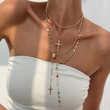 Daiiibabyyy  Cross Colorful Crystal Necklaces For Women Simple Gold Silver Color Y-Shaped Pendant Necklace Set New Christian Jewelry