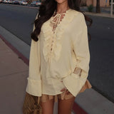Daiiibabyyy  2025 Elegant Sexy Chiffon Summer Tops Pleated Ruffles Trim V-neck Long Sleeved Sheer Loose Shirts Blouse Holiday Streetwear