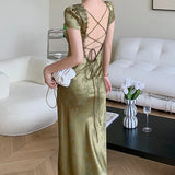 Daiiibabyyy Sexy Backless Satin Midi Dress Women Green Elegant Korean Style Casual Bandage Dress Female Lace Vintage Party Dress Summer