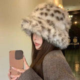 Daiiibabyyy  Korean Style Leopard Print Fuzzy Bucket Hats Warm Thickened Plush Winter Fisherman Hat Adult Unisex Animal Pattern Caps Headwear
