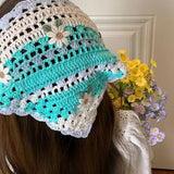 Daiiibabyyy  Women's Headscarf Dopamine French Mint Mambo Style Knitted Flower Triangular Headscarf Country Style Seaside Photo Girl Headband