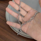 Daiiibabyyy  Hiphop Punk Long Cross Necklaces for Women Men Punk Double Layer Splicing Chain Necklace Charm Trend Neck Jewelry Halloween Gift