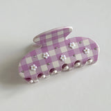 Daiiibabyyy  Gingham Hair Claw Clips for Women Pink Blue Checkered Flowers Zircon Acrylic Jaw Clips Strong Hold Non-Slip Hair Accessories