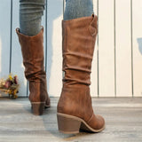 Daiiibabyyy  Europe America Fashion Round Head Thick Sole Western Boots For Women Leather High Top Pleated Casual Daily Footwear