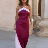 Daiiibabyyy  Women Fashion Color Blocking Split Slim Long Dress Elegant Scarf Waist Sling Maxi Dress Sexy Off shoulder Sleeveless Party Gowns