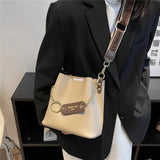 Daiiibabyyy Hifashion Wide Strap Bucket Small Crossbody Bags For Women Trend Vintage Designer Shoulder Bags PU Leather Ladies Handbags