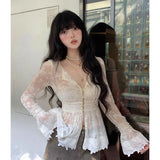 Daiiibabyyy  Streetwear Lace Floral Shirts Women Fashion Sexy Sheer V Neck Blouses Summer Ladies Korean Flare Long Sleeve Design Tops