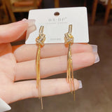 Daiiibabyyy  Korean Fashion Metal Rhinestone Knot Zircon Long Tassel Earrings Women's Luxury Jewelry Fashion Casual Party Lady Ear Accessory