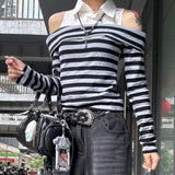 Daiiibabyyy  Early Autumn Slim Fit Split Two-Piece Striped One Shoulder Shirt Women Fall New Arrival Long Sleeve Top