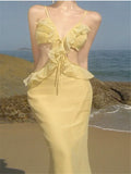 DAIIIBABYYY  -  New Fashion Holiday Yellow White Camis Slip Long Dress Backless Ruffles V Neck Seaside Beach Dress Sexy Hollow Waist Fairy Dress