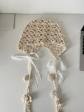 DAIIIBABYYY  -  Korean Ins Hand-woven Lace Bow Decorative Pullover Hat Women's Summer Street Fashion Hollow Breathable Knitted Beanie Cap
