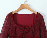 Daiiibabyyy  Sexy Wine red Flocking Flower Mesh Flare Sleeve Dress Woman Bow Square neck Package Hips A-line Mini Party Robe Bodycon
