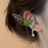 Daiiibabyyy  Exquisite Green Elf Ear Clip Shiny Butterfly Wings Rhinestone Crystal Flower Clip Earrings Tassel Waterdrop Forest Jewelry New
