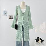 DAIIIBABYYY  -  Vacation Style Hollow Hook Flower Trumpet Sleeve V-neck Knitted Sweater Summer Bow Tie Single Breasted Mid Length Top