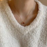 Daiiibabyyy Korean Trendy Red Heart Pendant Golden Stainless Steel Necklace for Women Sweet Elegant Niche Design Party Jewelry Wedding Gifts