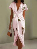 Daiiibabyyy  Summer Woman Dress Elegant Women's Satin Floral Print Dresses Long V Neck Wrap Maxi Dress Asymmetrical Hem Self Tie Belt